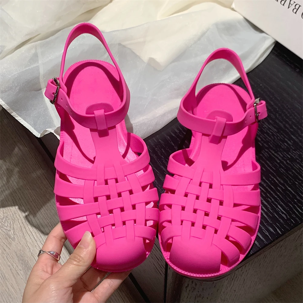 韩版时尚外穿软底防滑玫红色罗马拖鞋网红新款芭比粉踩屎感凉鞋女