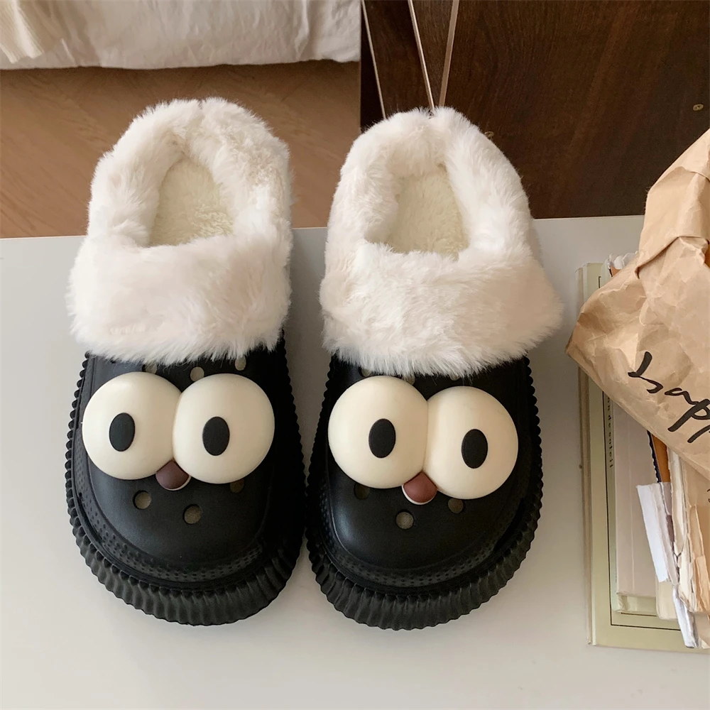 户外防滑韩版软厚底可爱洞洞鞋休闲呆萌大眼睛保暖女士冬季棉拖鞋