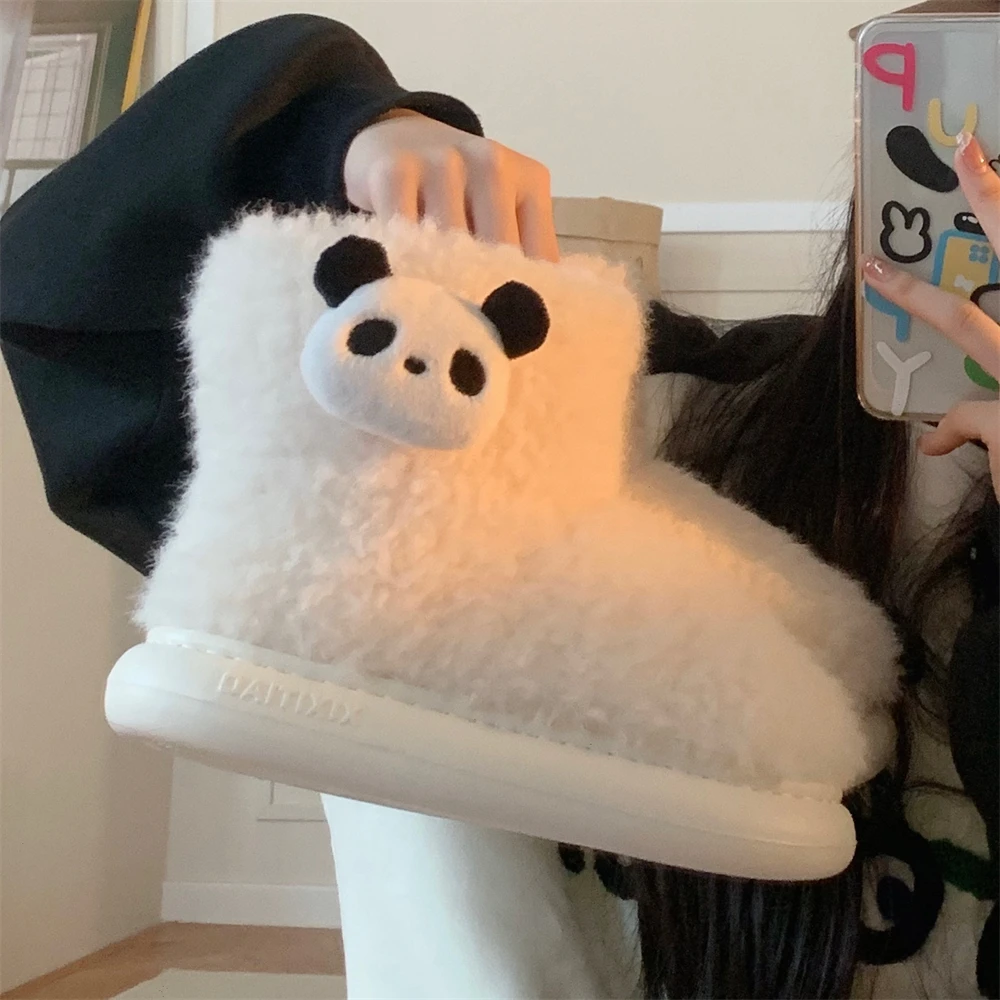 时尚百搭可爱毛绒熊猫雪地靴女冬季户外休闲保暖防滑加绒短筒棉鞋
