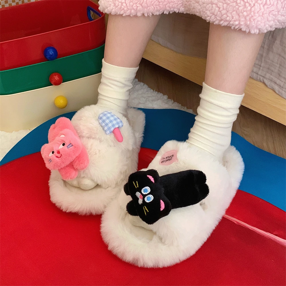 舒适百搭室内外女秋冬毛毛拖鞋时尚卡通休闲网红撞色小猫二字棉鞋