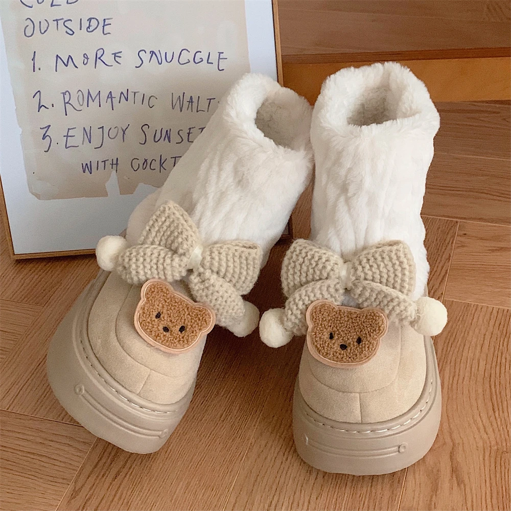 网红冬新款个性加绒加厚东北棉鞋软萌小熊少女心蝴蝶结雪地靴女士