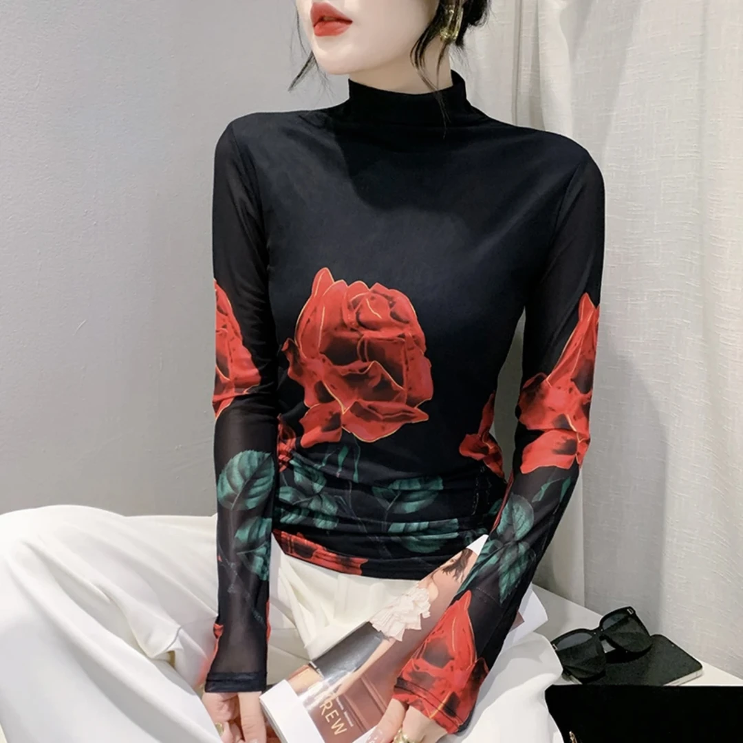 0861#欧货女装秋冬时尚洋气长袖高领网纱t恤女定位花上衣实拍