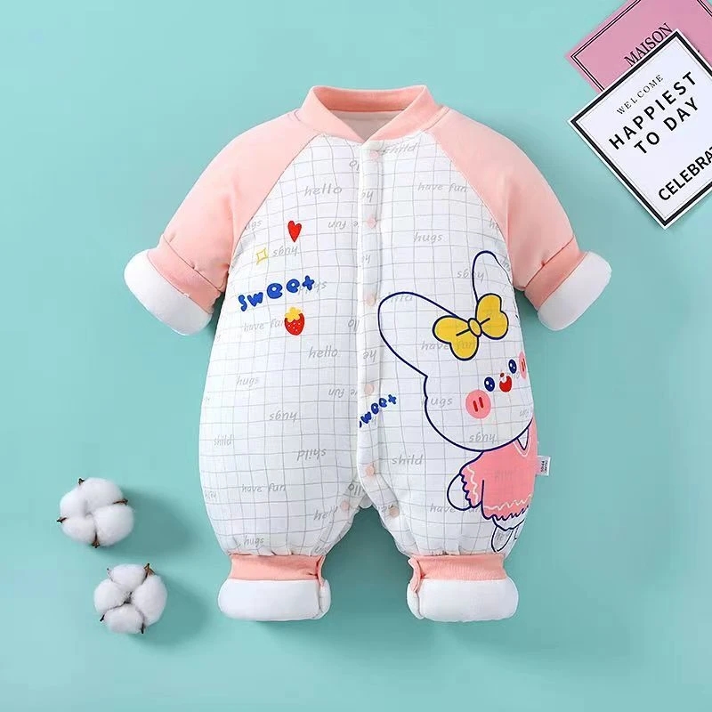 婴儿冬季纯棉加厚220克连体衣新生儿加厚夹棉秋冬宝宝外出保暖服