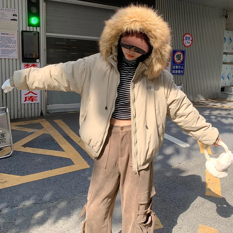 实拍美式复古冬季新款百搭棉服女设计感连帽加厚派克服棉衣外套潮