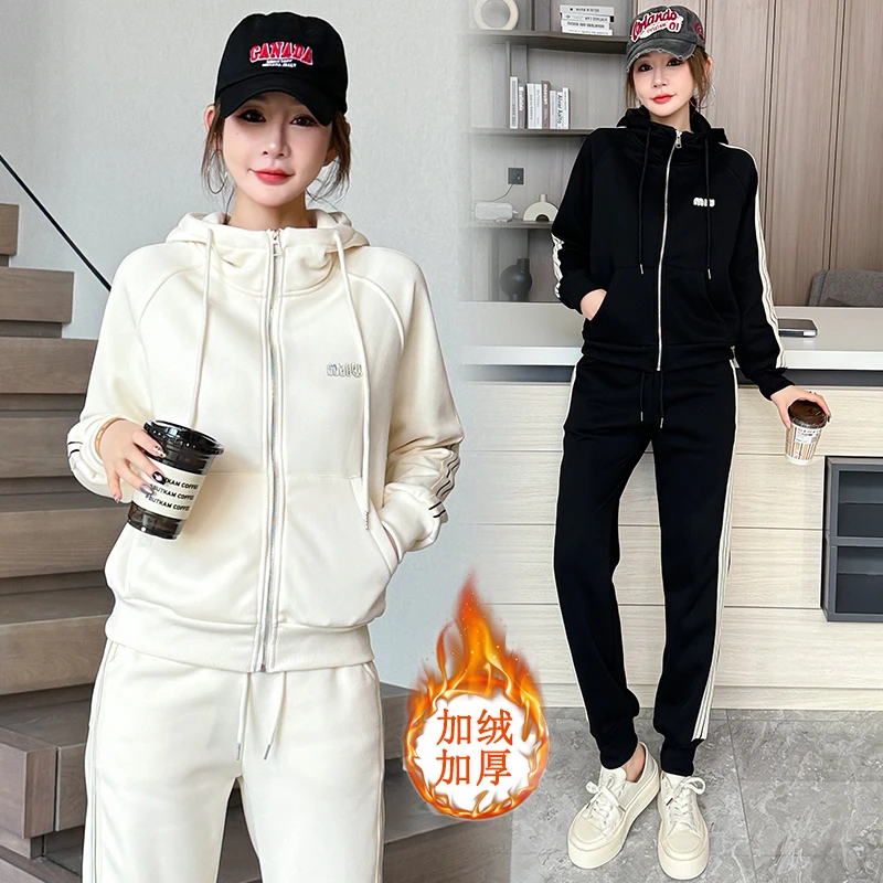 城市机能加绒加厚时尚休闲套装女冬季新款大码洋气显瘦连帽两件套