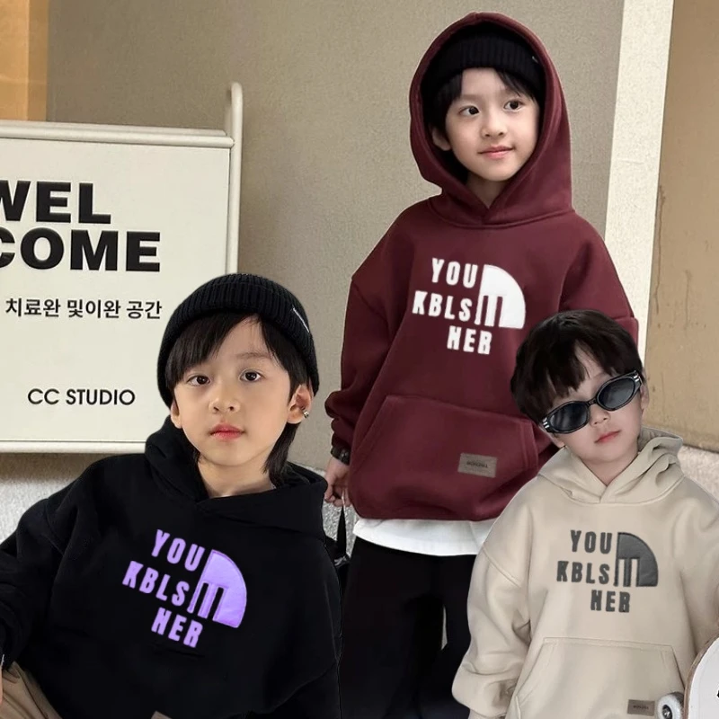 冬季加绒加厚中大童时尚洋气潮流连帽套头卫衣女童韩版冬款上衣