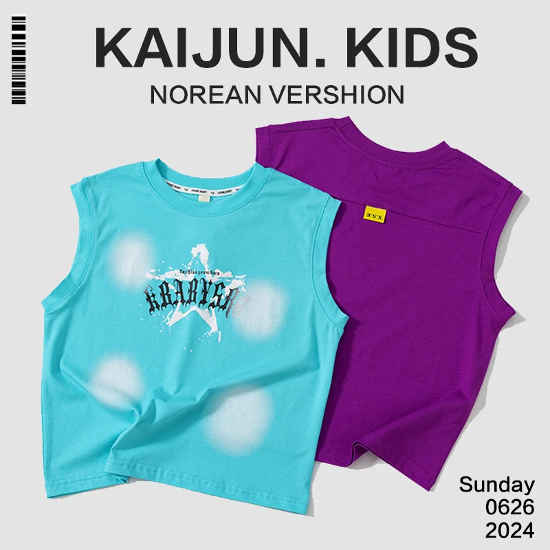 韩版童装男童t恤短袖儿童夏装宝宝百搭宽松休闲蓝色纯棉圆领背心