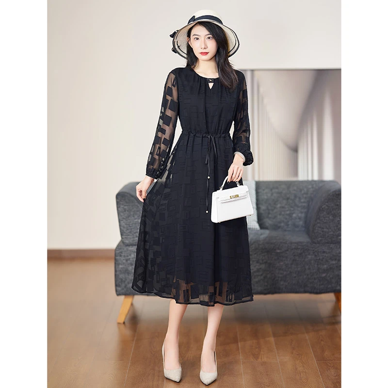 迪欧芙黑色假两件连衣裙2025春季新款气质优雅长袖裙子#QLQ87105