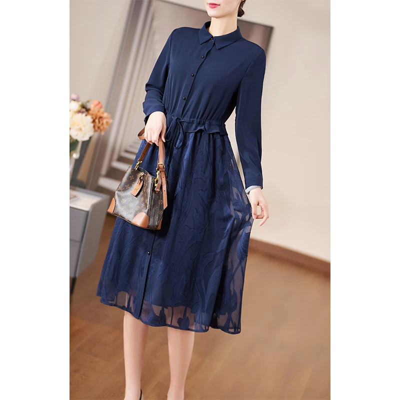 迪欧芙2025春季新款时尚气质法式蓝色款长袖女连连衣裙#CLQ16108