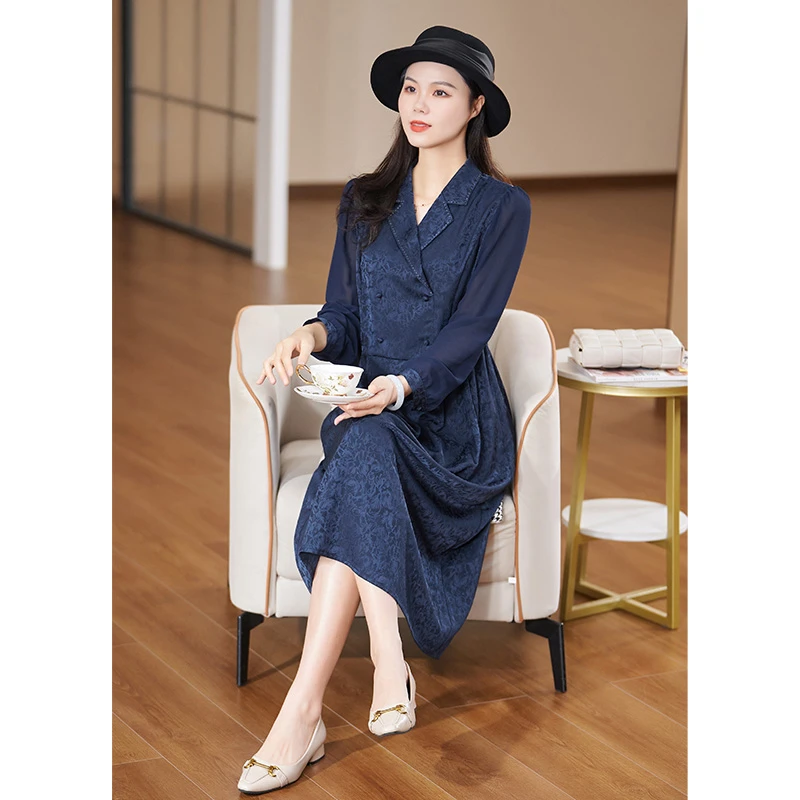 迪欧芙2025春季新款纯色复古精致高级端庄长袖连衣裙女#CLQ16006