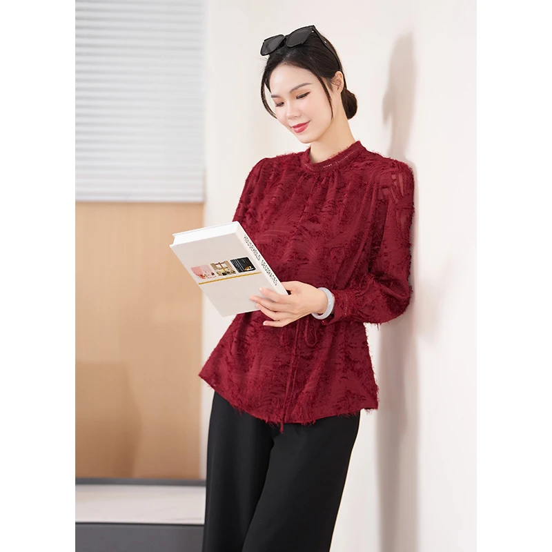 迪欧芙2025春季新款气质时尚中式圆领红色款长袖女衬衫#CSY16345