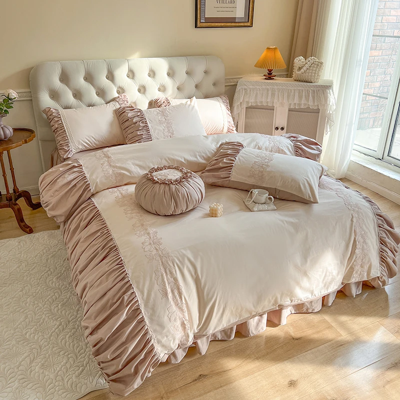 月白法式全棉四件套纯棉床上用品床品家纺被套枕套床单公主风赛琳