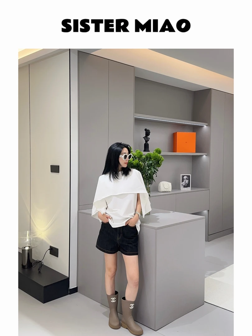 SISTERMIAO•披肩短袖显瘦牛仔新款宽松针织破洞秋季微胖拼接肚子