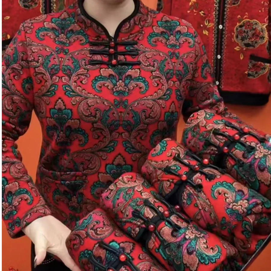 秋冬款国风妈妈装时尚加绒保暖盘扣显瘦上衣