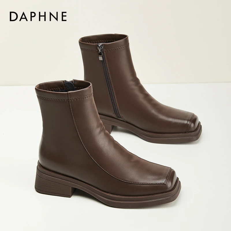 达芙妮方头小踝靴女鞋英伦切尔西靴2024新款冬季粗跟加绒时装短靴