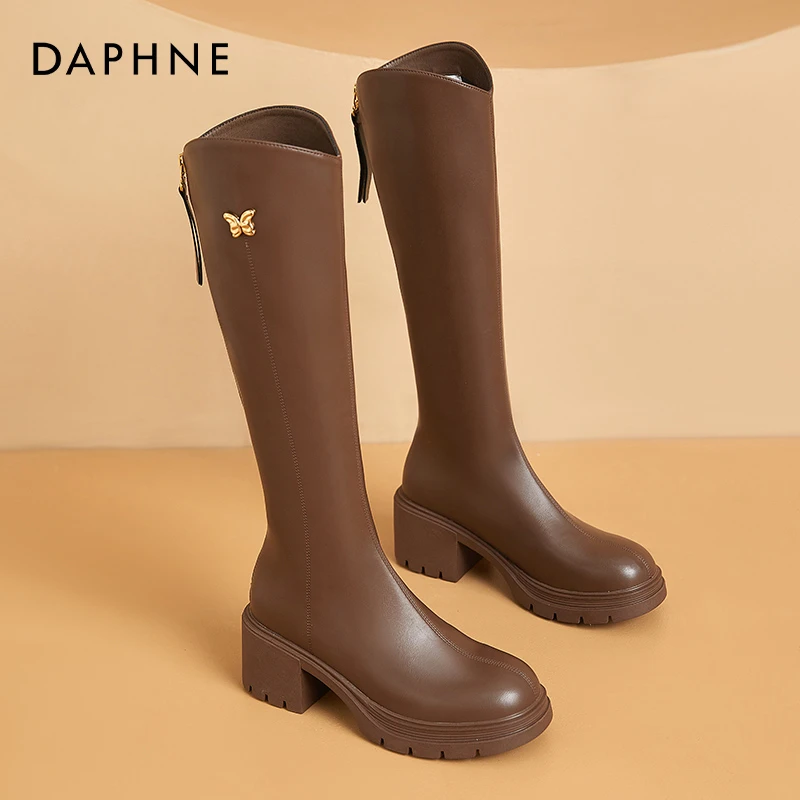 达芙妮棕色V口长靴女过膝长筒靴2025冬季加绒厚底小个子骑士靴女