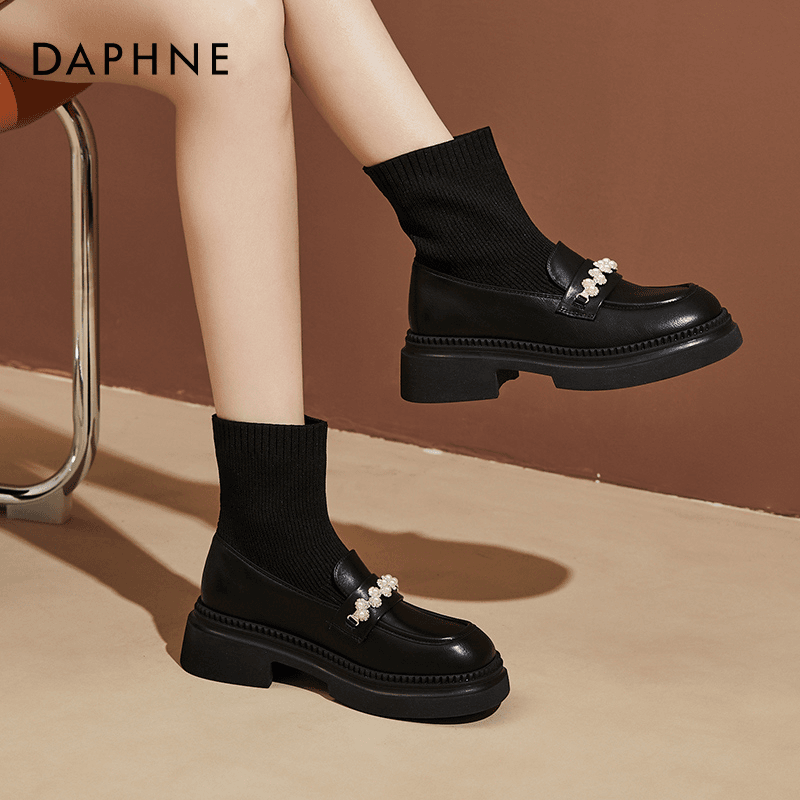 达芙妮弹力袜靴玛丽珍女靴新款短靴子厚底学院风乐福鞋小皮鞋女