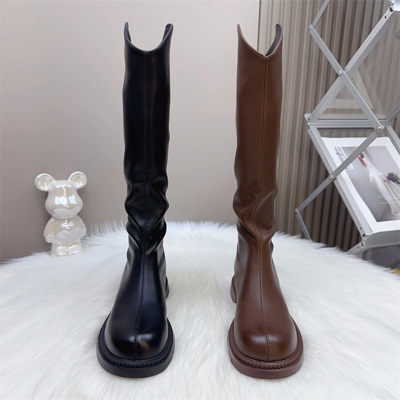 胖妹妹加宽大腿围长筒靴女秋冬平跟加绒长靴子弹力瘦瘦高筒骑士靴