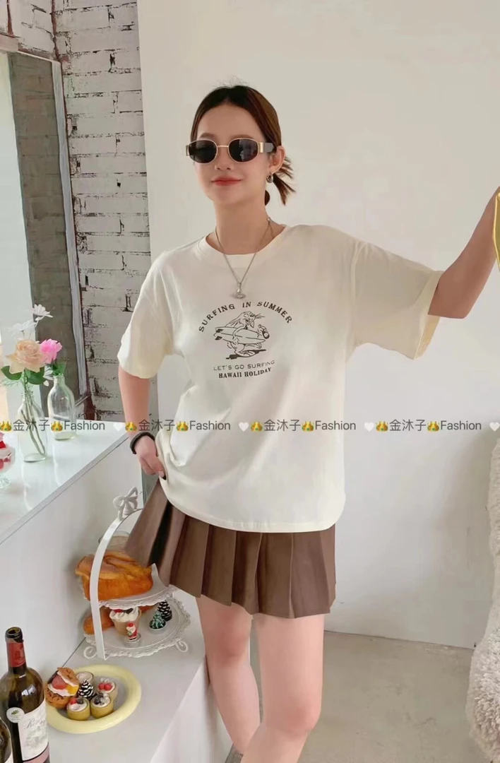 夏季情侣100%纯棉短袖新款女纯棉港风圆领复古美式宽松T恤百搭