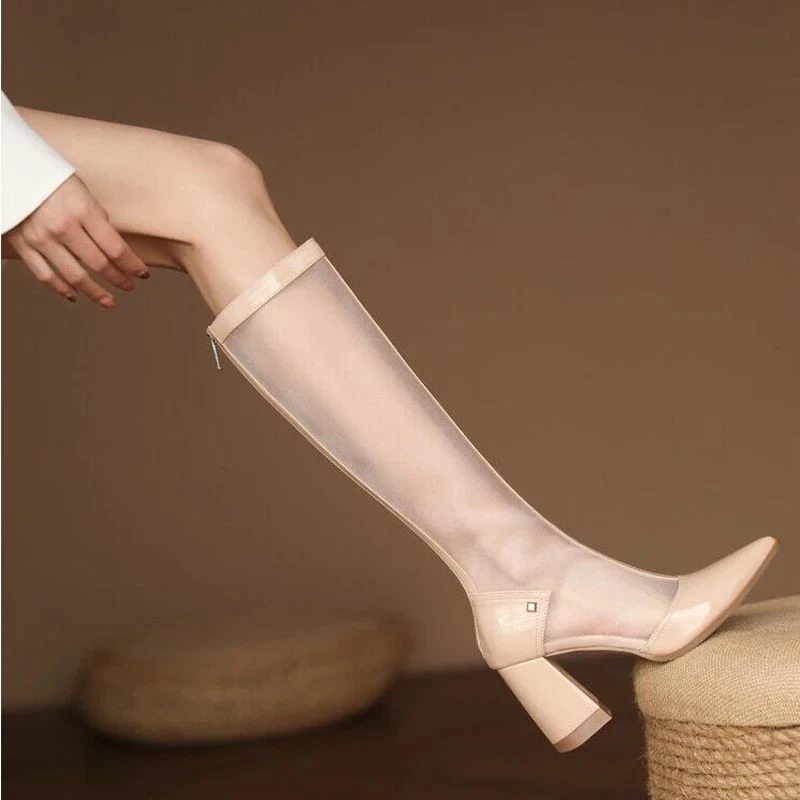 怀鸢/跟高8CM/夏新款高筒网靴/牛皮凉靴高跟鞋粗跟长靴子镂空