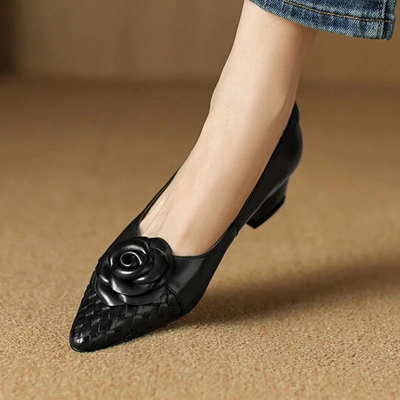 牛皮4cm时尚百搭气质尖头单鞋女中跟粗跟山茶花法式一脚蹬懒人鞋