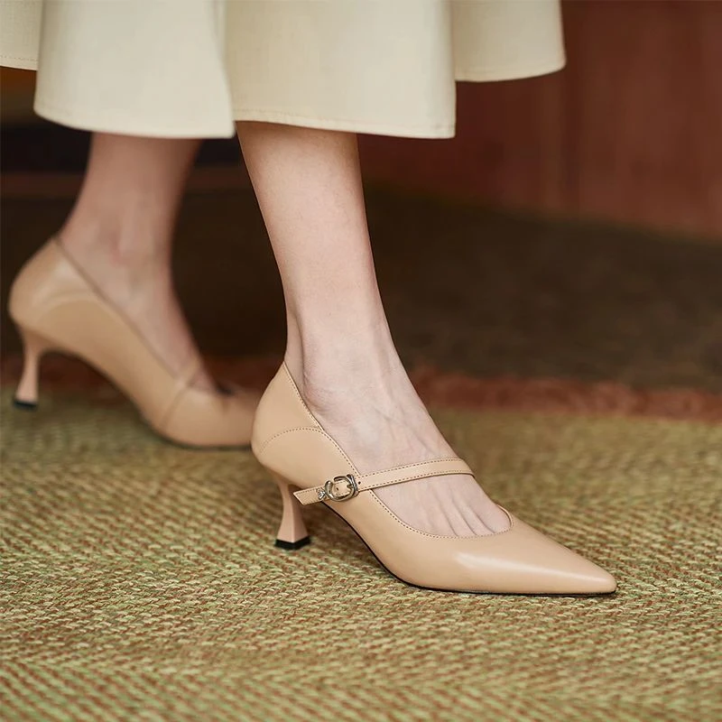 【软羊皮】5CM 40-43大码 一字扣带优雅尖头高跟鞋细跟单鞋不掉跟