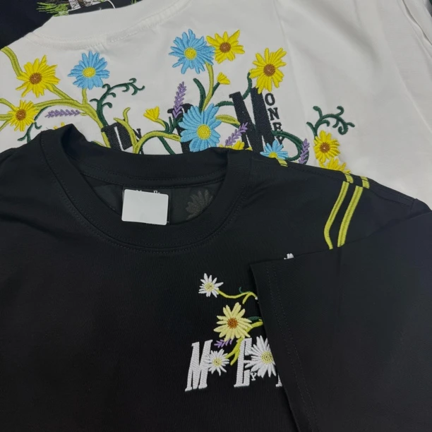 M爬墙花小雏菊刺绣短袖T恤男士夏季潮牌美式嘻哈宽松休闲体恤