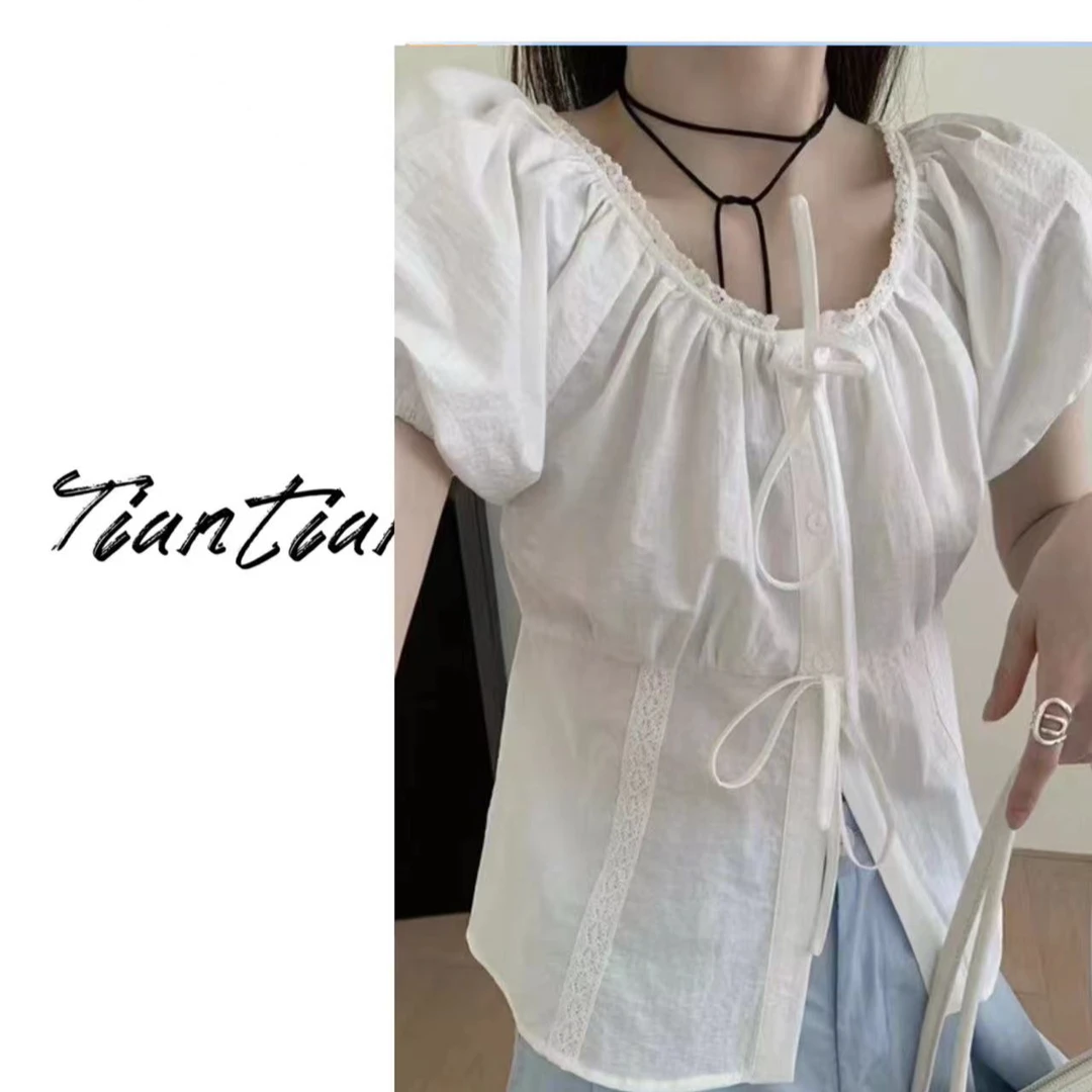 下午茶 夏季百搭短款收腰显瘦气质设计感上衣女1095