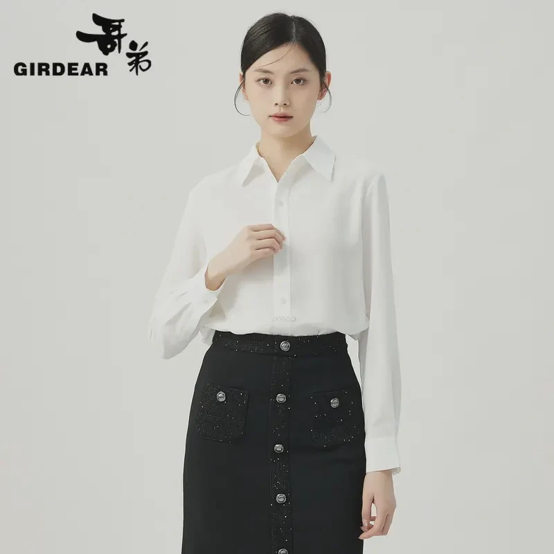 GIRDEAR/哥弟知性气质垂感半开襟纯色百搭长袖衬衫1300919