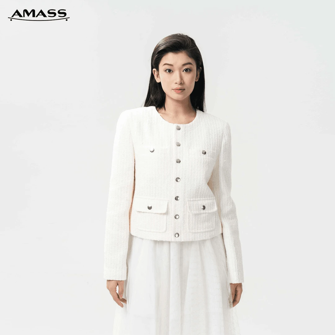 AMASS/阿玛施新款百搭时髦气质小香风白色法式短款外套   5400827