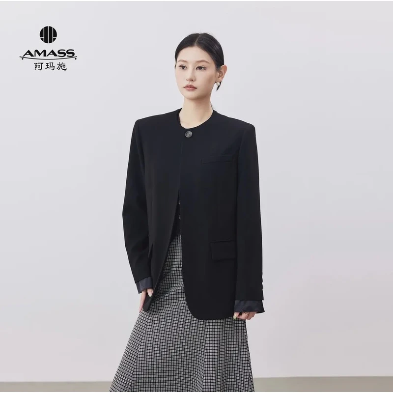AMASS/阿玛施新中式时尚休闲极简宽松圆领中长款廓形西装5400872