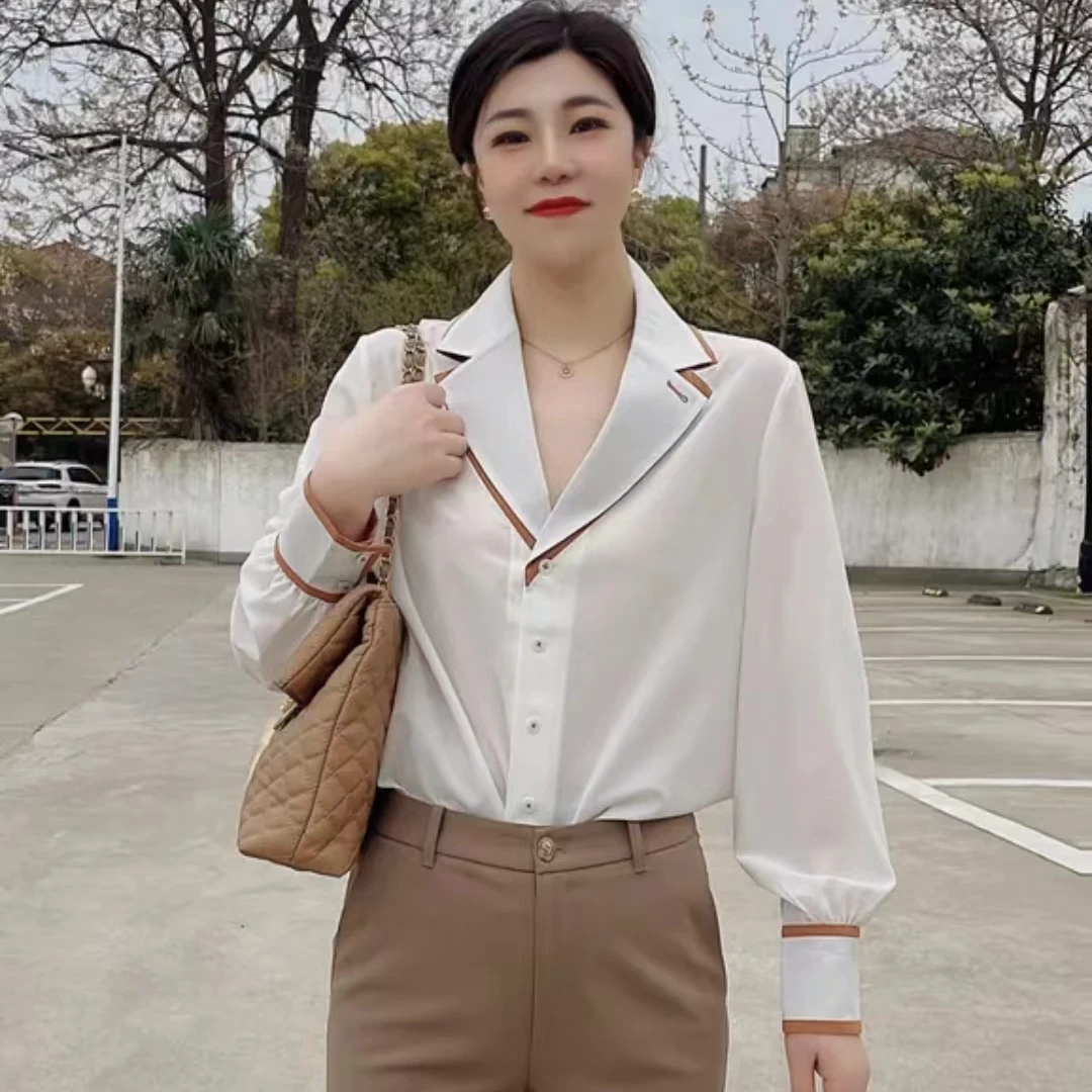 GIRDEAR/哥弟气质百搭V领双层撞色设计单排扣长袖衬衫1300786