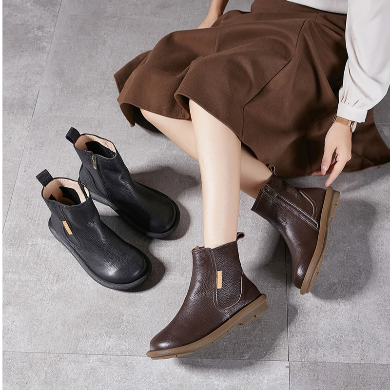 【阿欢家】2024秋季新款真皮复古马丁靴单皮女靴粗跟侧拉链女短靴