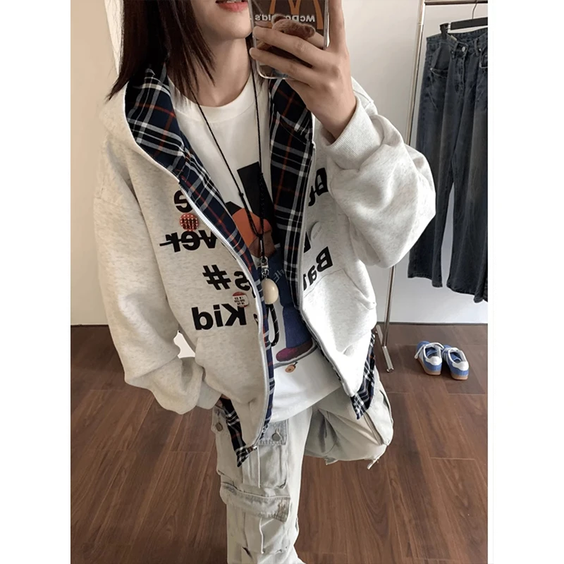 【阿宁】假两件拼接格子卫衣男秋季美式复古连帽oversize开衫外套