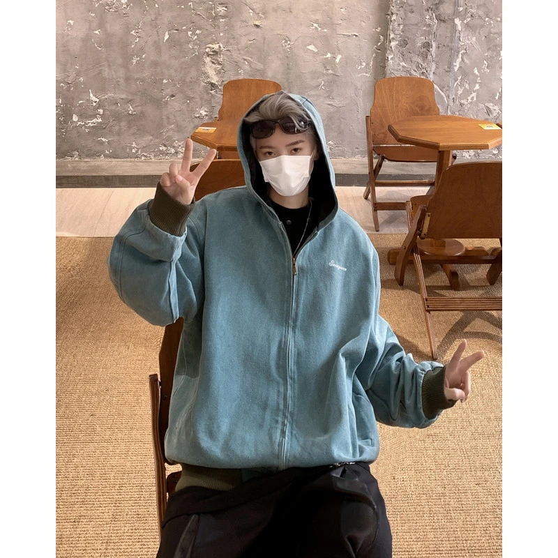 哈灵顿孔雀蓝连帽工装外套男款cleanfit底特律解构立体棒球服夹克