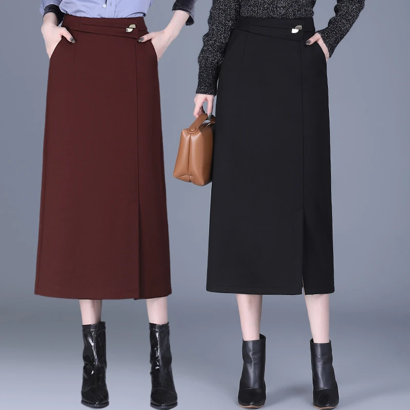 高腰开叉半身裙女2024秋冬新款显瘦遮胯包臀裙中长款直筒一步裙子