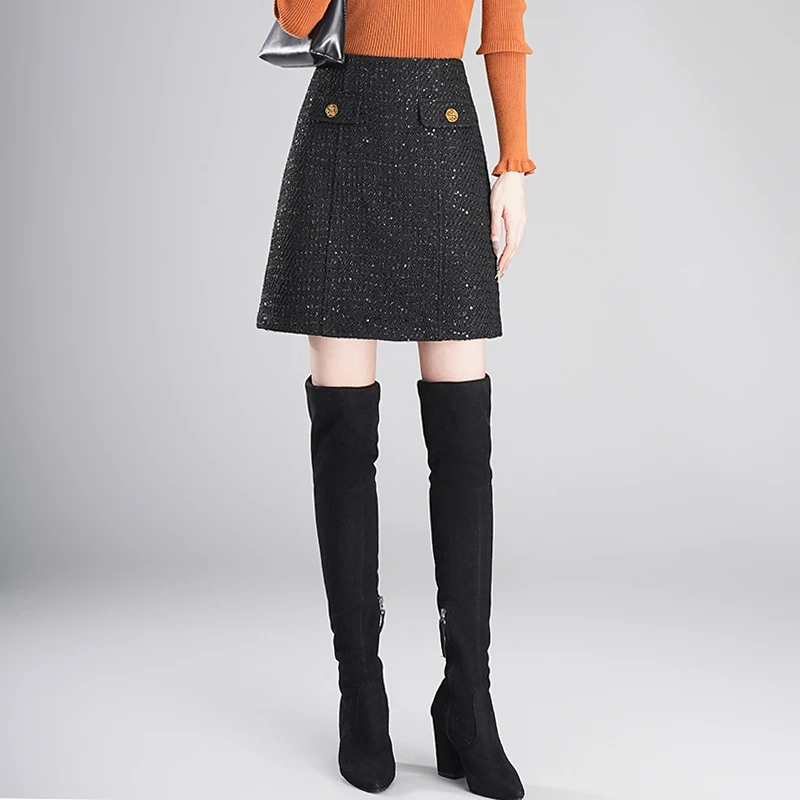 黑色粗纺亮丝细闪小香风半身裙女高腰秋冬显瘦a字短裙子包臀冬裙