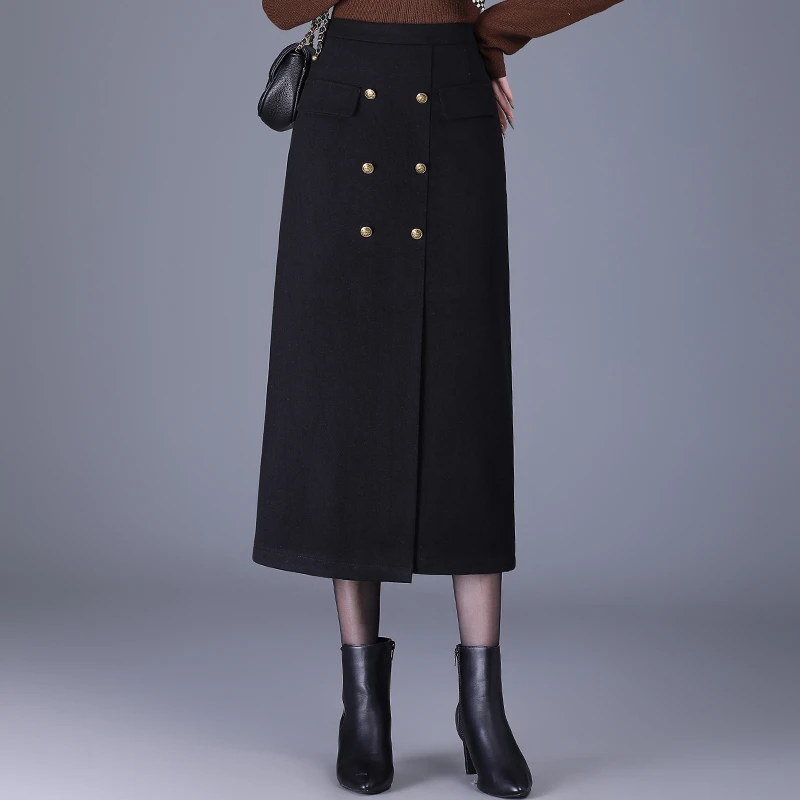2024年冬季新款毛呢半身裙高腰直筒裙显瘦开叉一步裙中长款包臀裙