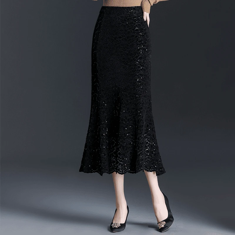 刺绣植绒亮片半身裙女包臀裙2024秋季新款高腰一步裙中长款休闲裙