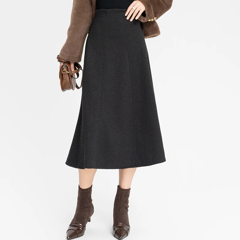 绵羊毛呢半身裙女加厚冬季中长款大摆A字裙高腰垂坠感伞裙百褶裙
