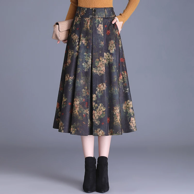 印花毛呢半身裙女2024秋冬季新款高腰a字裙显瘦伞裙百褶中长裙子
