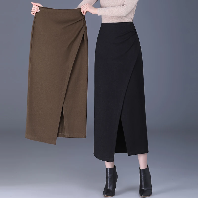 加厚毛呢包臀裙半身裙女高腰秋冬季新款设计感开叉不规则一步长裙
