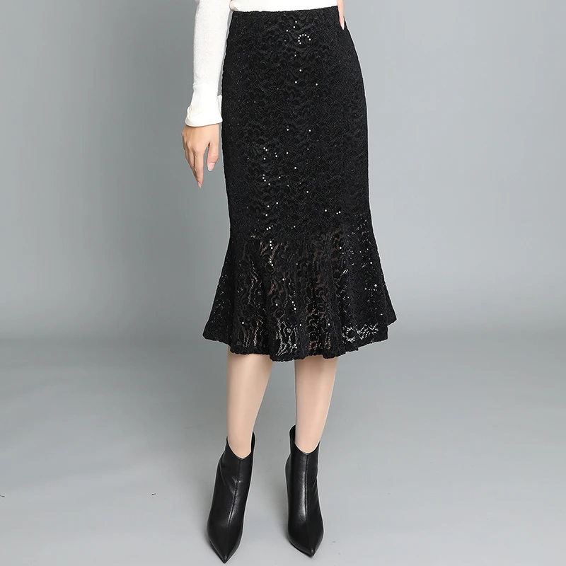 黑色鱼尾裙子半身裙小个子显瘦气质裙子女秋冬亮片蕾丝半裙包臀裙