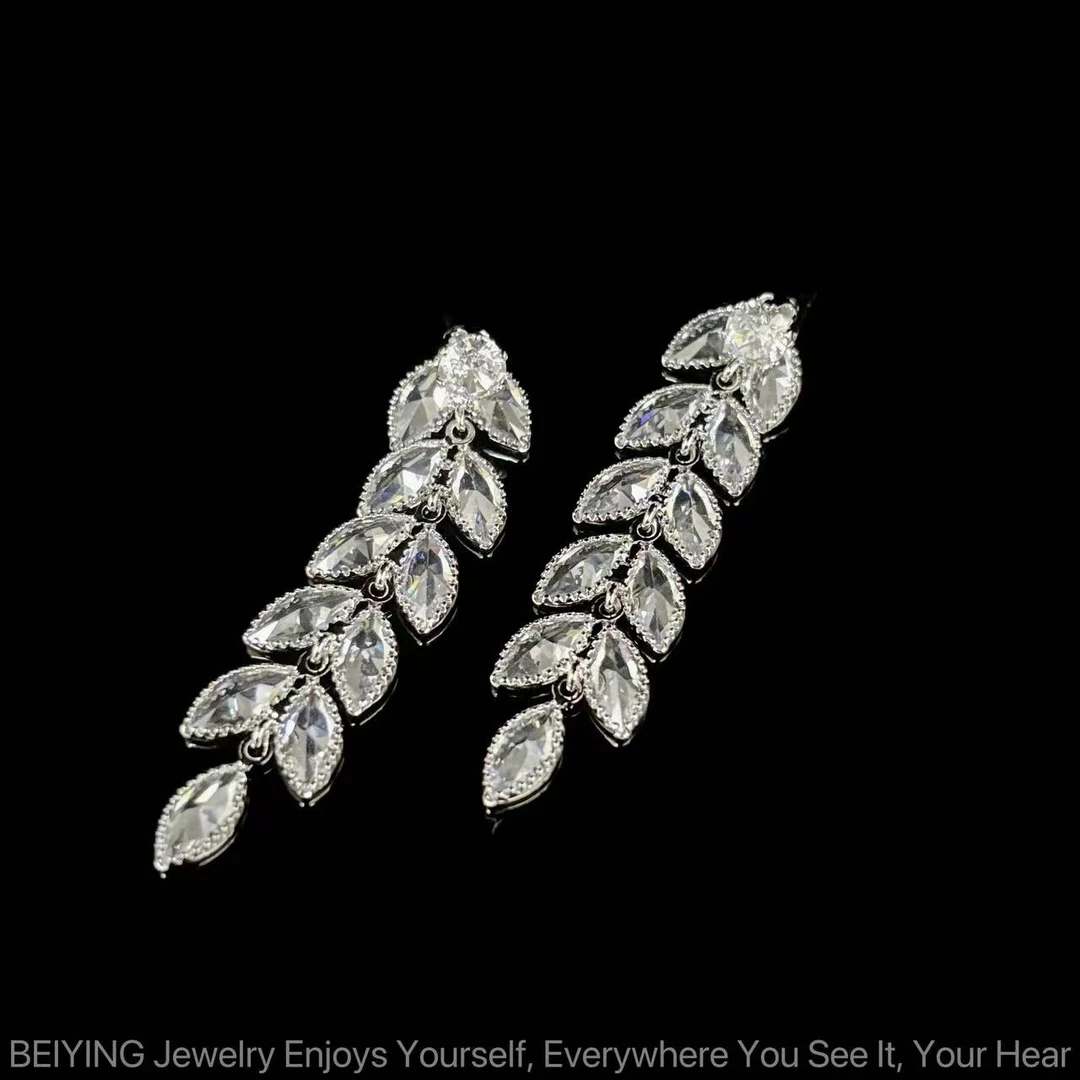 铜合金合成锆石耳饰 轻奢设计师款冷淡风银色叶片流苏耳钉C4171