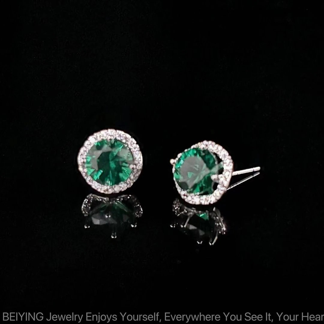 铜合金合成锆石耳饰 轻奢设计师款简约百搭星点花瓣绿色耳钉C4145