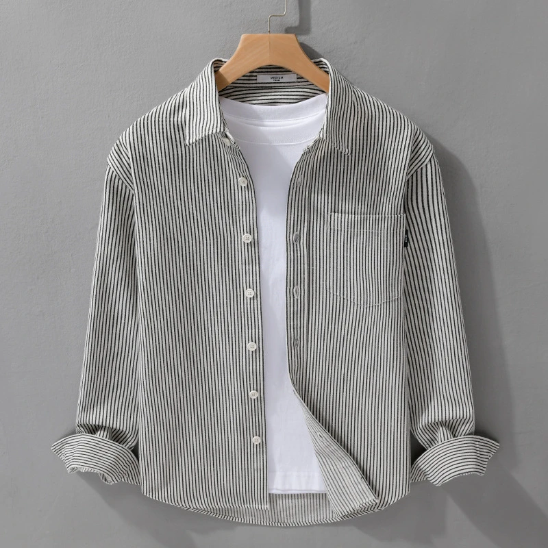 9568春秋男士条纹长袖衬衫潮流复古休闲宽松舒适青年百搭衬衣外套