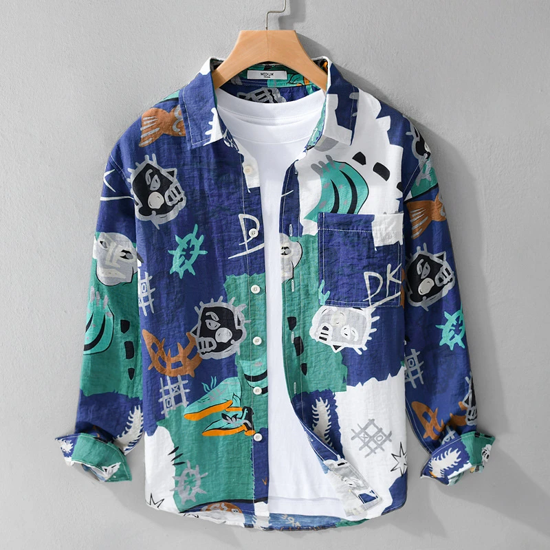 3102男士亚麻长袖衬衫春夏潮流印花休闲宽松棉麻百搭青年衬衣外套