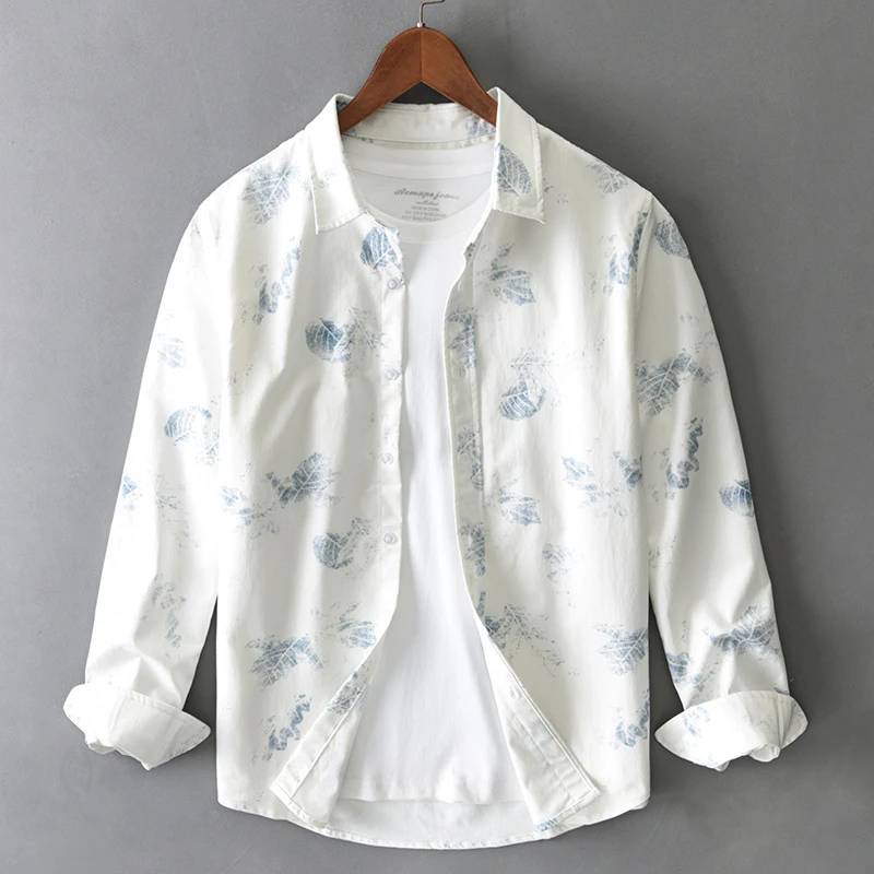 24610秋季日系印花长袖男士衬衫时尚宽松休闲上衣时尚潮流衬衣