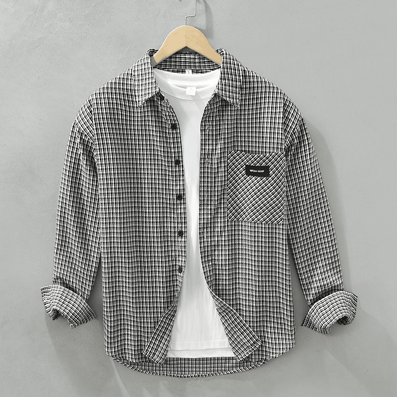 6775日系格纹休闲长袖衬衫男士春秋复古时尚百搭潮流宽松衬衣外套