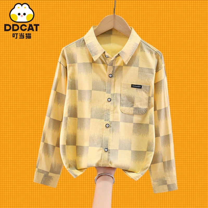 叮当猫男童长袖衬衫纯棉新款春秋中大童时尚洋气宽松休闲儿童衬衣